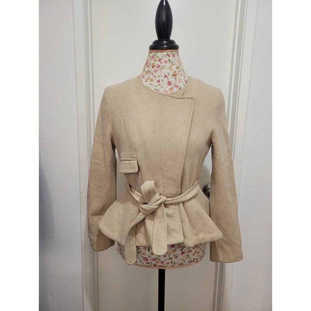 H&M Women Tan Wool Blend Peplum Belted Zipper Blazer Coat Sz 6 Y2K Beige